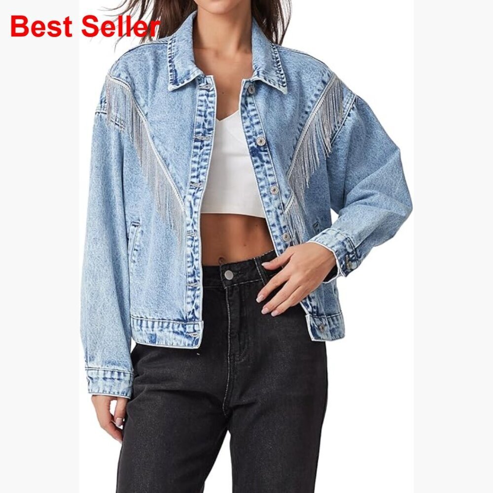 Fringed Denim Jacket Oversized Tassel Sparkly Western Style - Picture 1 of 7